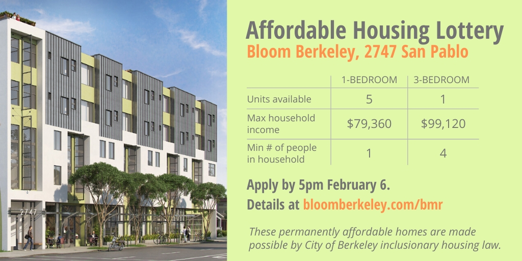 Affordable Housing Lottery, Bloom Berkeley, 2747 San Pablo. Apply by 5pm February 6.