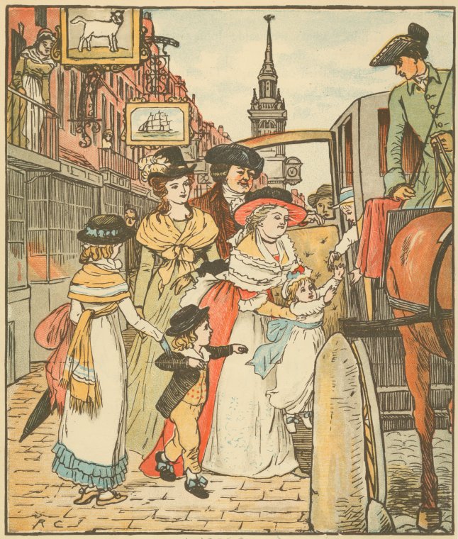 18thCand19thC's tweet image. Children's illustration showing boarding the chaise in #Cheapside by English artist Randolph Caldecott (1846-1886). Image said to have been first published in 1912. #caldecott #illustration