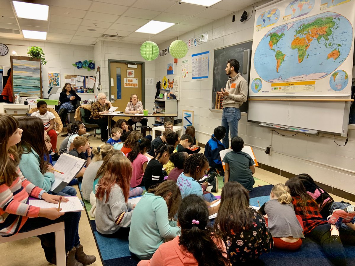EnrichmentDunn's tweet photo. Fascinating speaker for our PBL-Khalid from Kentucky Refugee Ministries, teaching our Third graders about life in Syria. #MagnifyLearning #ProjectbasedLearning #SyrianRefugees @dunn_jcps @JCPSDL https://t.co/YioOAveviZ