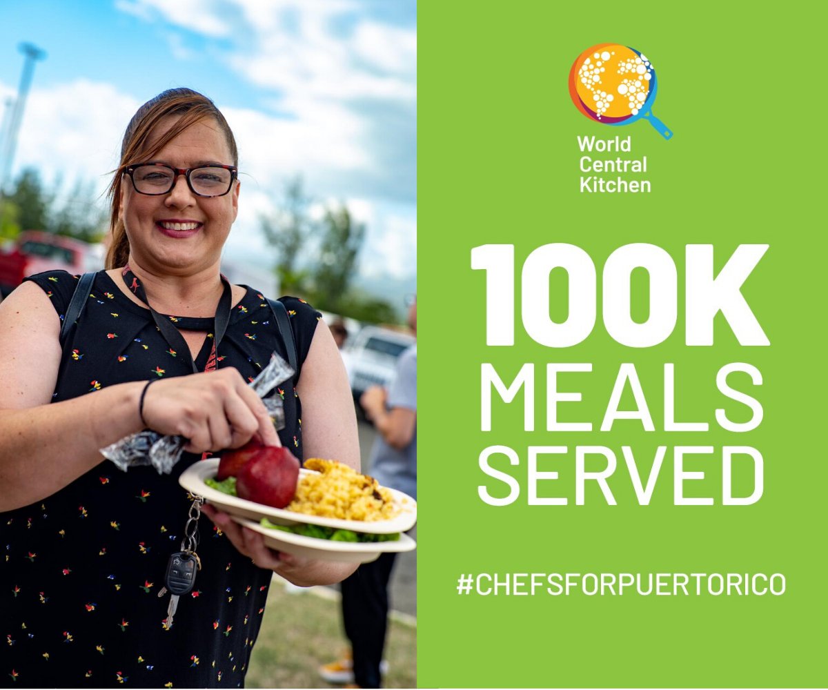 WCKitchen's tweet photo. Just over a week after the 6.4-magnitude earthquake hit Puerto Rico, our Relief Team has served 100,000 meals. This is Rebeca who we met in Yauco after her house was damaged. We'll continue to be here for Rebeca &amp; her community as long as we are needed. #ChefsForPuertoRico https://t.co/mfLRAJCXYF