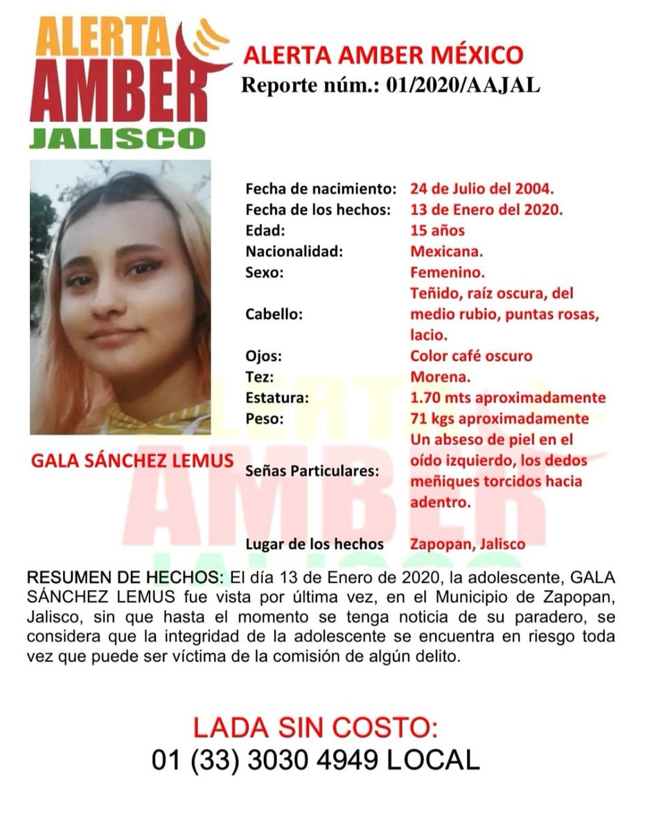 AAMBER_JAL's tweet photo. #AlertaAmber solicita tu apoyo para la búsqueda y localización de la adolescente GALA SÁNCHEZ LEMUS de 15 años de edad. Gracias por compartir la información. https://t.co/X5OTPQ0RUa