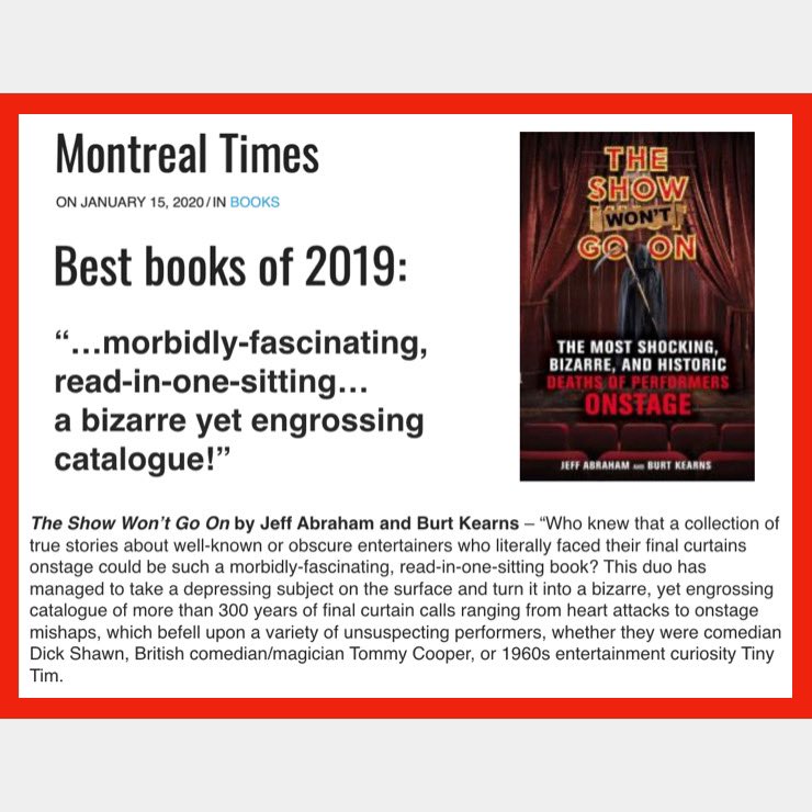 TheShowWontGoOn's tweet photo. This just in:
One of the 10 best books of 2019!
Thank you, Stuart Nulman & the Montreal Times!
#ShowWontGoOn #bestof2019 #bestbooksof2019 #diedonstage
@MrComedyPR @tabloidbaby @ChiReviewPress @MTLTimes @nytimesbooks @latimesbooks @chicagotribune @miamiherald https://t.co/9lSQSI7L78