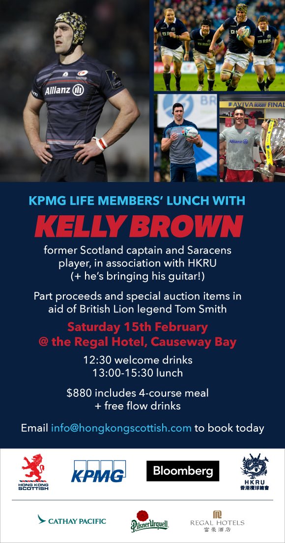 📢 BIG NEWS!! Former Scotland &amp; Saracens star <a href="/kellydrbrown/">Kelly Brown</a> joins us for our <a href="/KPMG/">KPMG</a> Life Member lunch on 15th February - with <a href="/HongKongRugby/">Hong Kong China Rugby</a> 

Part proceeds &amp; special auction item profits donated in aid of Lion legend, Tom Smith. 

Read more here 👉🏼 hongkongscottish.com/events/