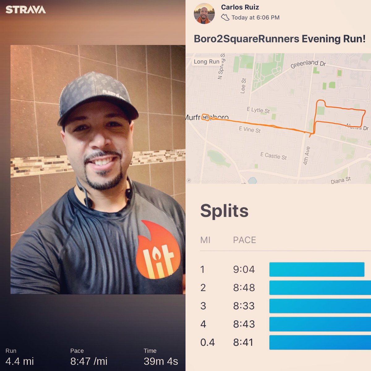 ruiz_c_r's tweet photo. Great run tonight with @Boro2SquareRunners group. 4.44 miles (number seems to follow me) I’m excited to see improvement in my splits. #Progress #Driven #Runner #Running #RunBoro #SixRunFive #RunTN #InstaRunner #InstaRunning #MindOverMatter https://t.co/u2Yw0DD0ZM