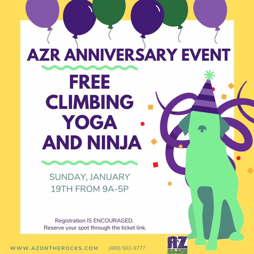 azveronical's tweet photo. Join @azontherocks Anniversary &amp; celebrate with free climbing, yoga &amp; ninja! Sun Jan 19th from 9a-5p!
All Spectators &amp; Participants MUST HAVE VALID WAIVER on file. Registration IS ENCOURAGED. Reserve your spot through the ticket link. https://t.co/jS4RcBj9kC https://t.co/LCXG5dsJGc