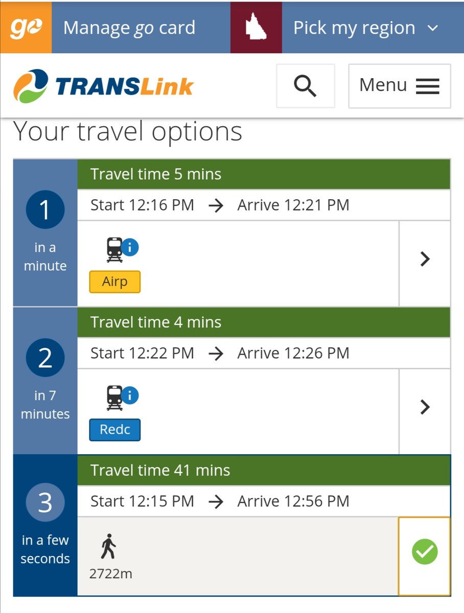 I love that one of the options on <a href="/TransLinkSEQ/">Translink - we’ve moved to @Translink_QLD</a> is to just forego their shitty service and use your own damn legs instead.