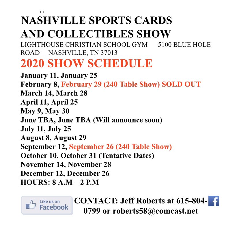 nashcardshow's tweet photo. Our 2020 schedule. #Nashville #Tennessee #SportsCards #Collectibles #Memorabilia #Collext #TheHobby https://t.co/1dlZaw9DtG