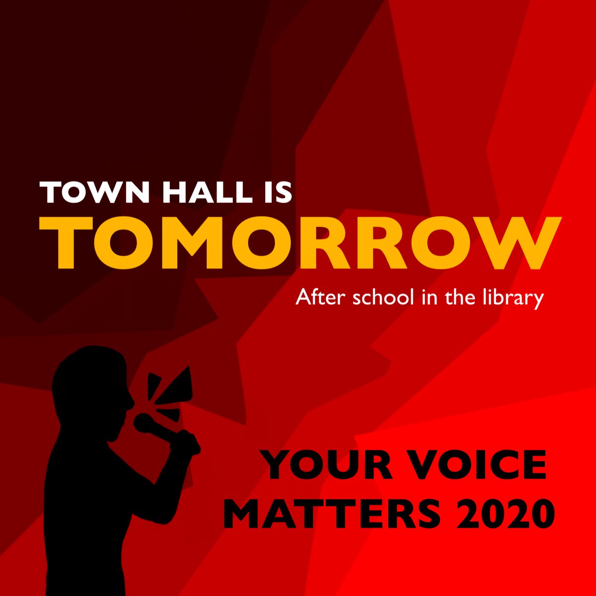 Hey y’all! Our monthly town hall will be TOMORROW AFTER SCHOOL IN THE LIBRARY !! Drop by to share your ideas, give us feedback, or ask questions! EVERYONE IS WELCOME !!