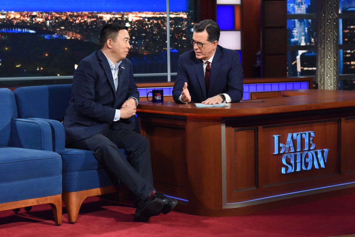 AndrewYang's tweet photo. Thanks for having me @colbertlateshow 😀👍 https://t.co/lCTUN6Mzsi