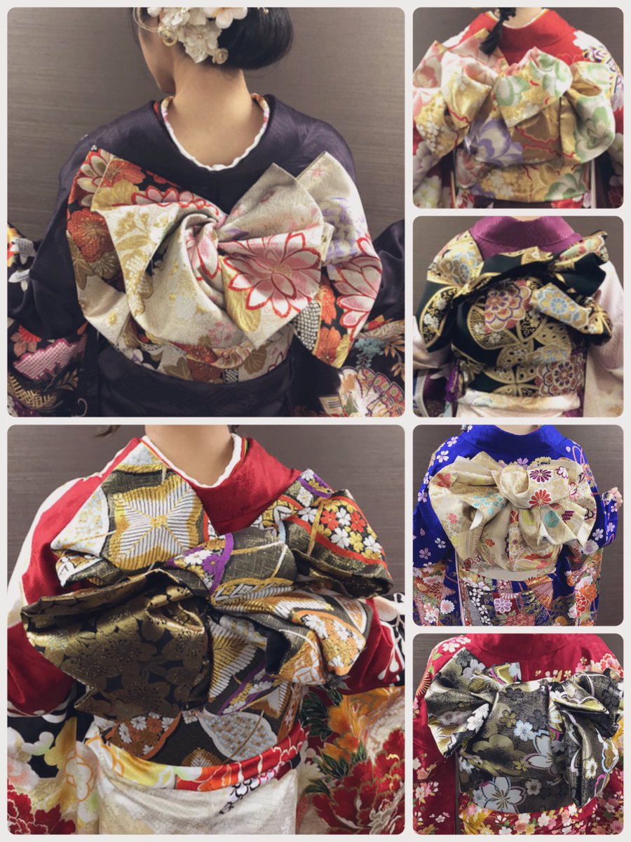 hon_suminoe's tweet photo. 先日の成人式での帯結び
まとめました( •̀ᴗ•́ )/

お太鼓系、文庫系、などの形に
羽や結び目を増やし豪華に魅せます✨ https://t.co/ECFtjvxWkG