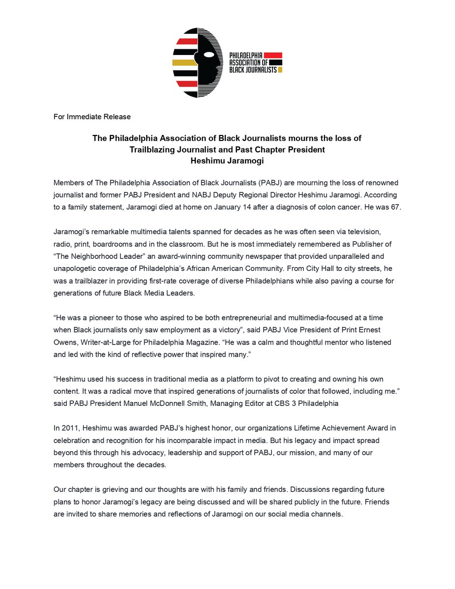 pabj's tweet photo. Tonight, we're mourning the loss of trailblazing journalist, past @pabj President and @NABJ Deputy Regional Director Heshimu Jaramogi. Rest in peace friend. #journalism #nabj #pabjunity https://t.co/pSKZbq0MIq