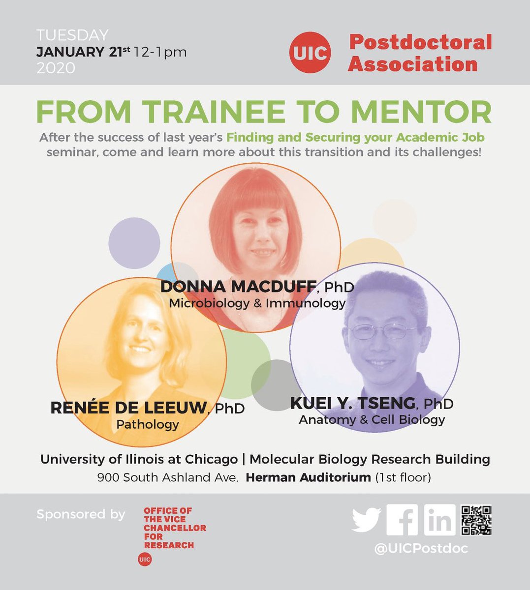 UICPostdoc's tweet photo. You're all invited to the event that will kick off the 2020 season: “From Trainee to Mentor” Tue Jan 21st 12-1pm MBRB room 1070
@deLeeuwRenee @MacduffLabUIC 
 @UIC_OVCR 

#postdoc #challenges #mentor #mentoring #trainee #academia #faculty #careerdevelopment #careerpaths https://t.co/noP90JOWZq