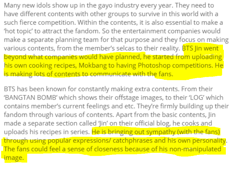 Jin has always had that “out of box” thinking and unique sense of humour which means his aptitude of turning things iconic is not only a recent thing but since debut time such as his cooking blog. This excerpt from an old article praises Jin going above and beyond with his blog!
