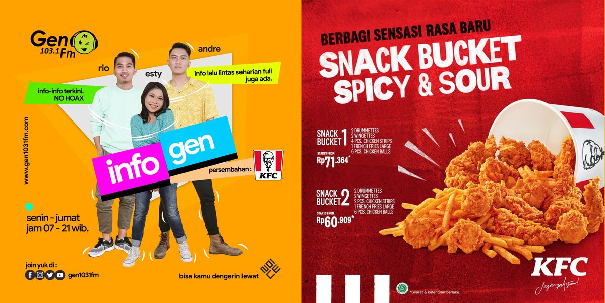 Yuk update info2 yg baru saja terjadi di #InfoGenWaniPooll bareng <a href="/KFCINDONESIA/">KFC Indonesia (Jagonya Ayam!)🔥</a> bntr lagi bisa kamu dengerin. Kencengin dulu volume radiomu ya