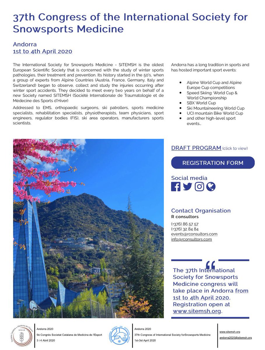 snowsportsmed's tweet photo. Do not miss the latest news of the 37th congress of the International Society for Snowsports Medicine. #Andorra2020 #webregistration
https://t.co/7dmY6EbGFH https://t.co/tCz0Joh97v