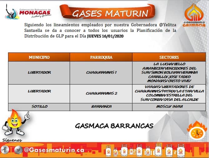 gobmonagasve's tweet photo. Programación para la atención y distribución del #Gas para hoy jueves #16Ene https://t.co/x6SFWOxrUV
