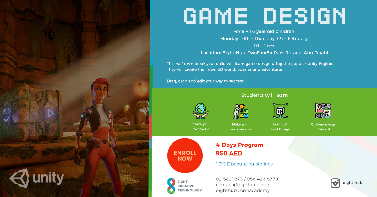 eighthub's tweet photo. This half term break, your child will learn game design using the popular Unity Engine.

They will create their own 3D world, puzzles, and adventures.

Drag, drop and edit your way to success!

CALL 025821873 0564268779
EMAIL contact@eighthub.com
VISIT https://t.co/i3CtWZyry1 https://t.co/fPBLknLjbt