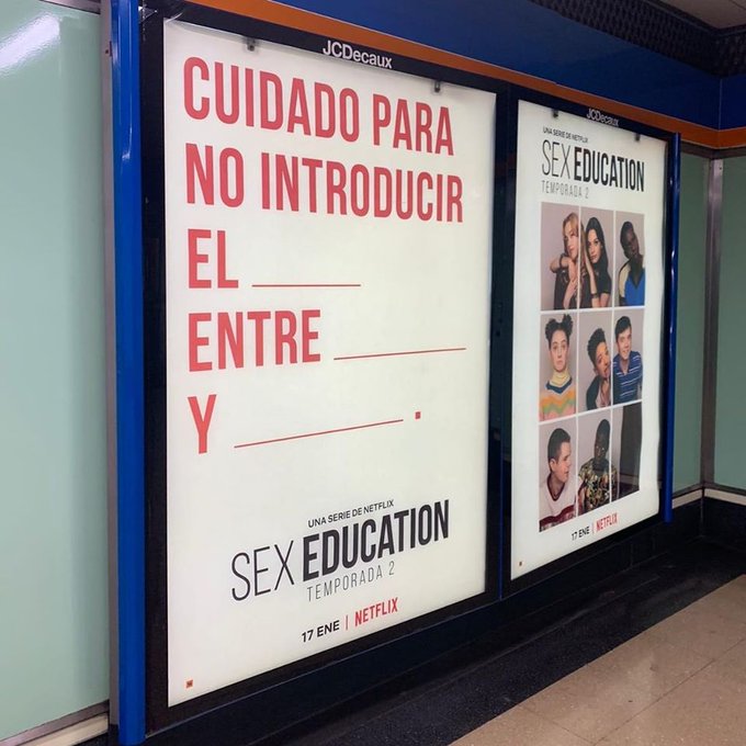 Netflix utiliza juegos de palabras y dobles sentidos para promocionar "Sex education" en las calles de Madrid 

“La realidad supera a la fricción” o “Querrás tragártela enterita” son algunas de las frases que han incluido

 👉 Os cuento más aquí: bit.ly/370krEh