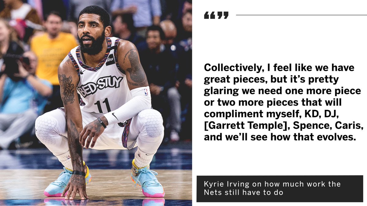 SportsCenter's tweet image. Kyrie thinks the Nets need one or two more pieces to compete with the best teams.
