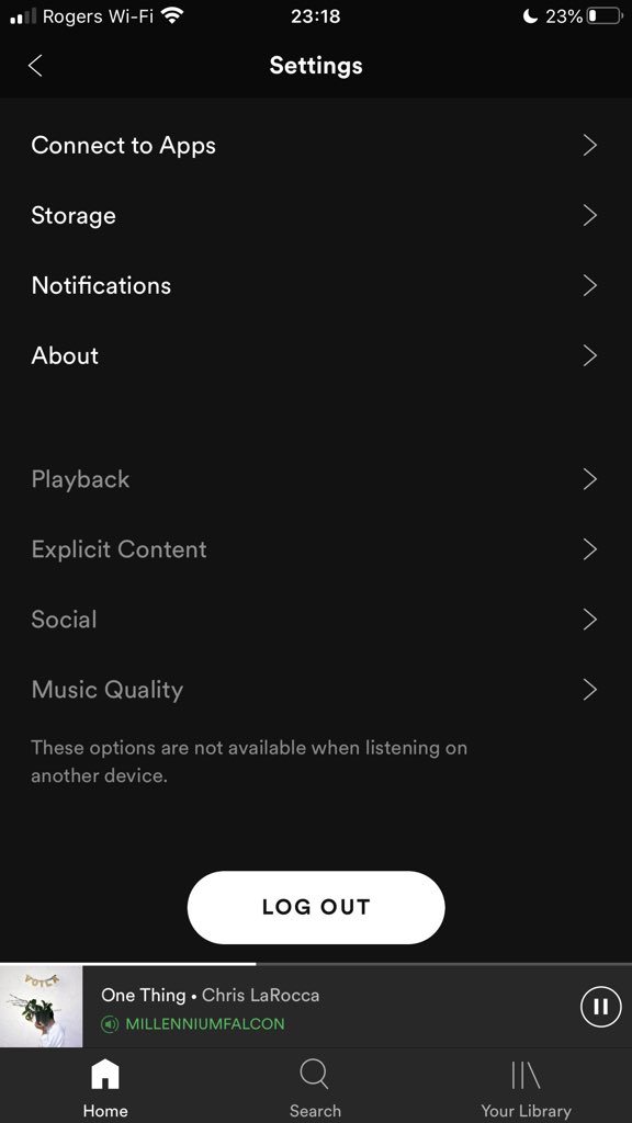 adamfscott's tweet photo. @SpotifyCares Thanks for reply. But as you can see when I access that setting, Playback is greyed out and it says, “These options are not available when listening on another device”. Is there anything I can do to access Playback? https://t.co/nStjN3kPyo