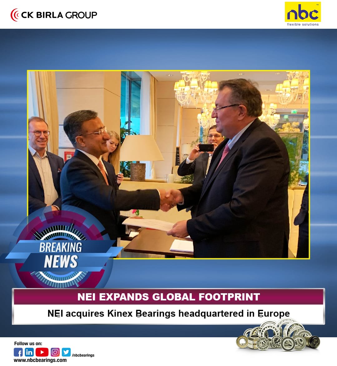 What a great start to the year! We are excited to announce our acquisition of Kinex, a global supplier of bearings headquartered in Europe.
See more: bit.ly/3a516DQ

#bigreveal #nbc #globalnews #bearings #india #thegrowthstory #future #news #aim2020 #ckbirlagroup