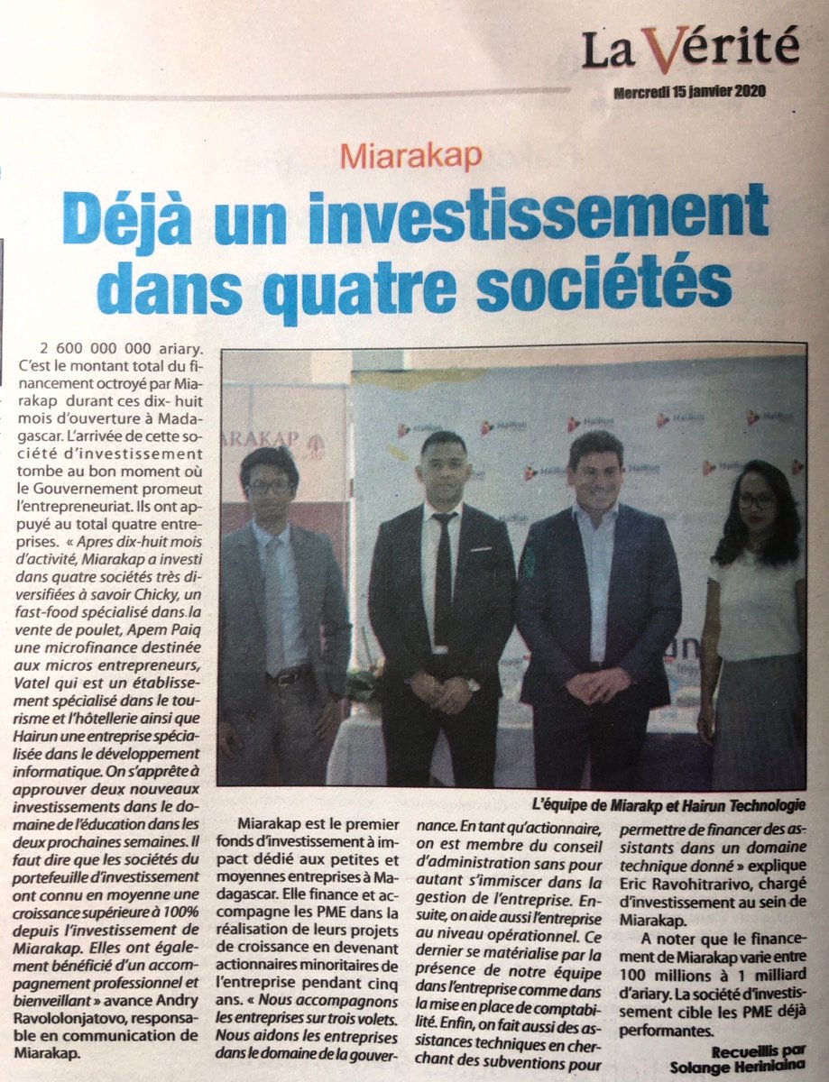 Dans le quotidien #LaVérité du 15 janvier 2020.

#Miarakap, premier fonds d'#investissement à impact dédié au #financement et à l’#accompagnement des #projets de #croissance des petites et moyennes #entreprises à #Madagascar 

#pme #impactinvesting