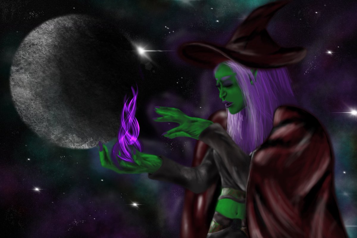 covakiernt's tweet photo. Had this one done since October but never got around to posting it. So we’ll just call it the first of 2020.I’ve used a new technique. If yall like to see. I’ll post the time lapse.   #digitalart #sketch #drawing #procreate #witch #galaxy #characterart https://t.co/QkA65Zuhr3