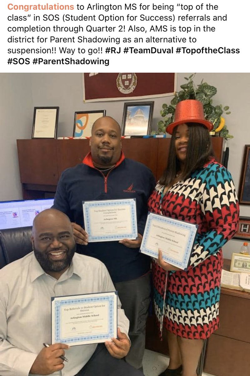 SchCultureDCPS's tweet photo. Congrats to Arlington MS for being “top of the class” in Student Option for Success referrals and completion through Quarter 2! Also, AMS is top in the district for Parent Shadowing as an alternative to suspension!! Way to go!! #TeamDuval #TopoftheClass #SOS #ParentShadowing https://t.co/UXkuThASbC