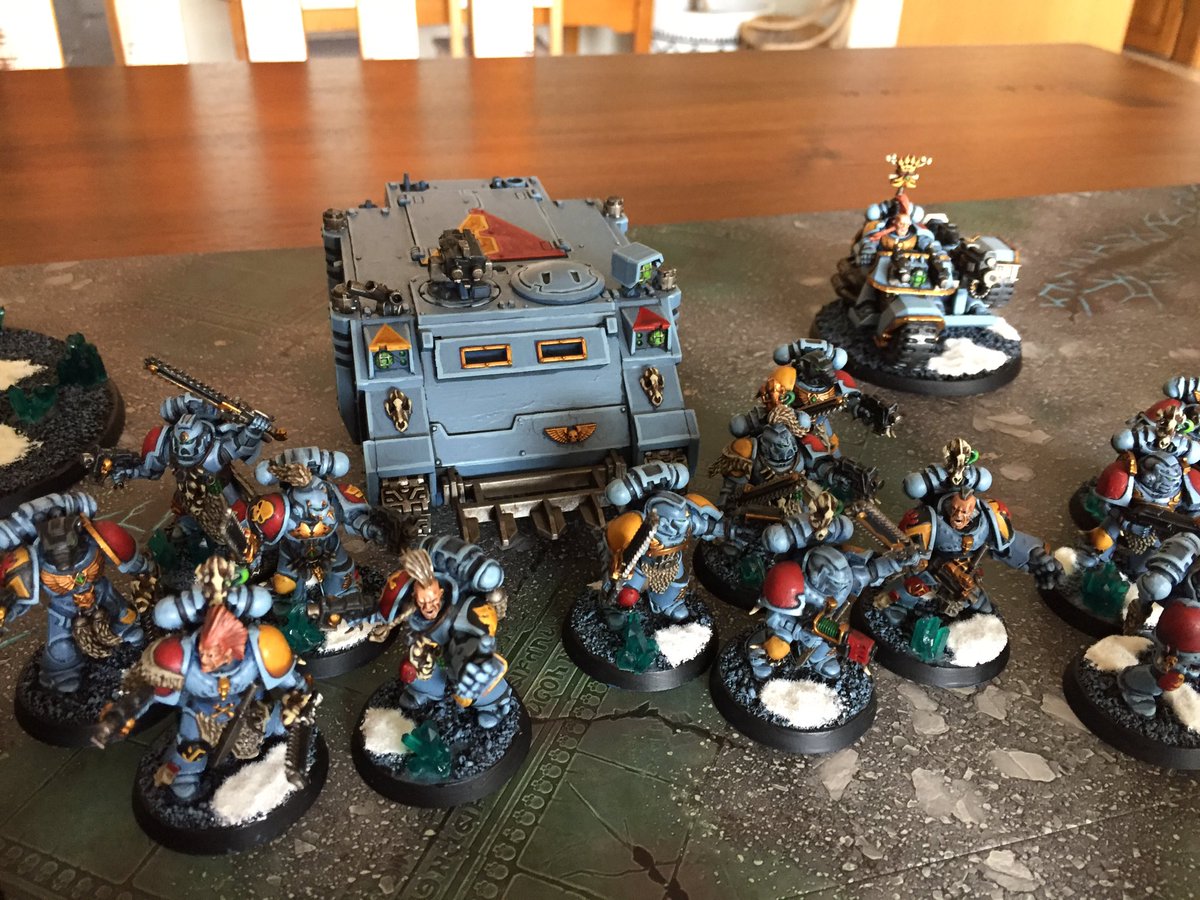 BUCKET40K's tweet photo. The Space wolves are done and ready for CanCon. Just thought I’d take some nice pics of them before they get shot off the board next weekend. https://t.co/pbmMRl1jFq
