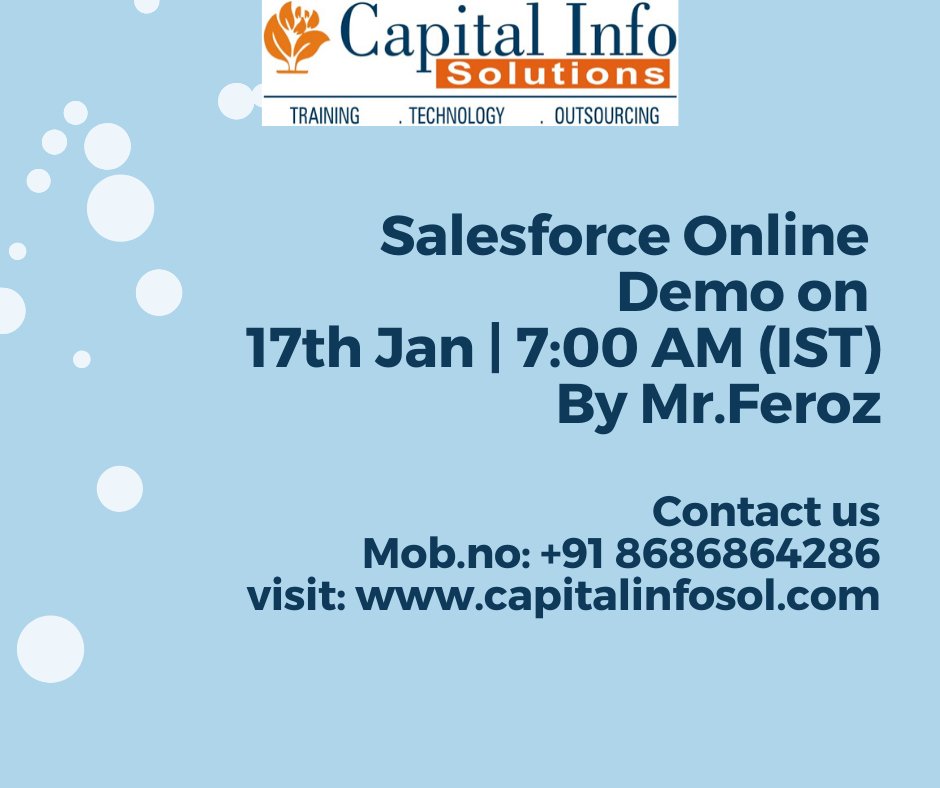 Capitalinfosol1's tweet image. Salesforce Online Demo on 17th Jan at 7:00 AM (IST) By Mr.Feroz
Call: +91 8686864286
Visit: capitalinfosol.com
#salesforce #salesforcedemo #salesforcetraining