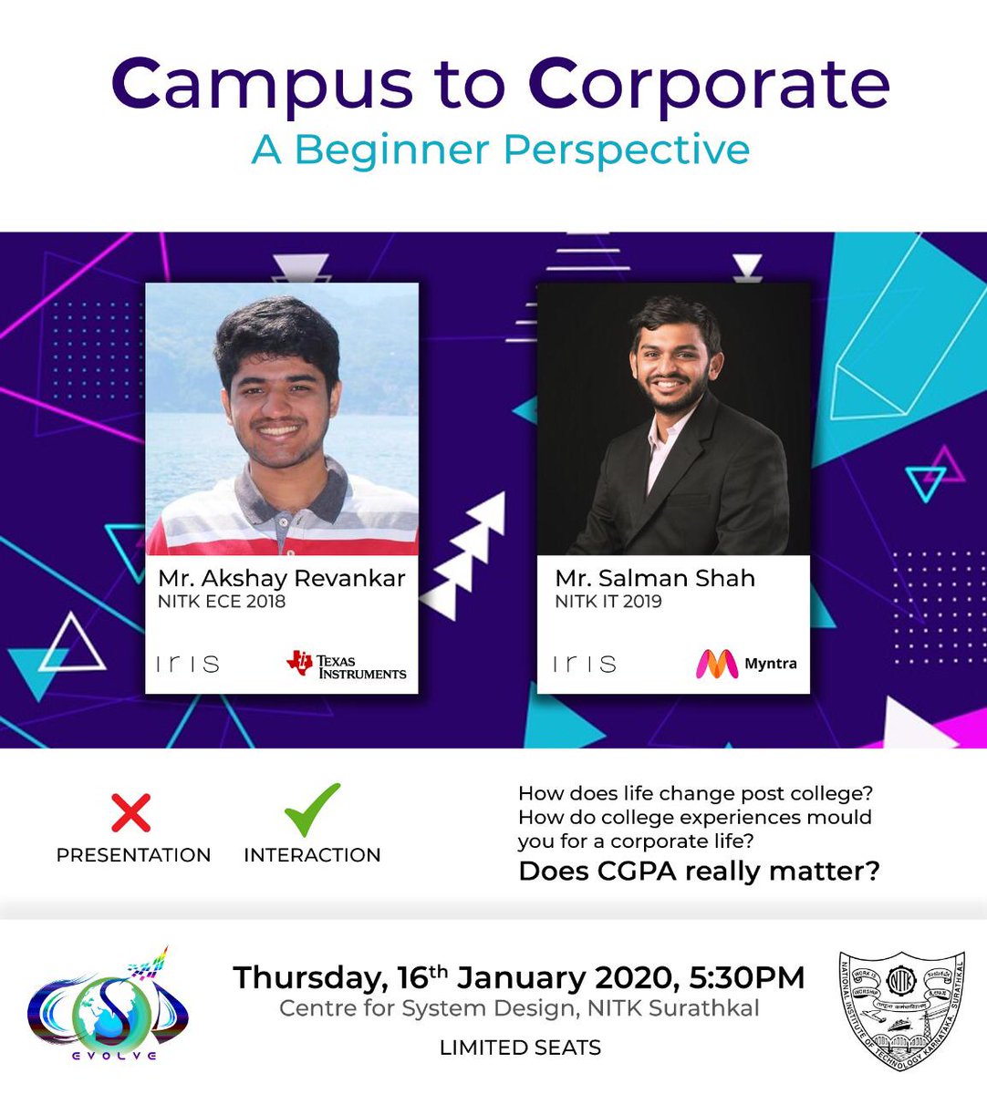 NITK Surathkal_Official (@surathkal_nitk) on Twitter photo Campus to Corporate - Interaction with Mr Akshay Revankar & Mr Salman Shah today on 16 Jan 2020 at 5.30pm in CSD NITK
@EBSB_MHRD <a href="/mhrd_innovation/">MOE's Innovation Cell- GOI</a> <a href="/mygovindia/">MyGovIndia</a> <a href="/PIB_India/">PIB India</a> <a href="/nitk_sc/">NITK Students' Council</a> Campus to Corporate - Interaction with Mr Akshay Revankar & Mr Salman Shah today on 16 Jan 2020 at 5.30pm in CSD NITK
@EBSB_MHRD <a href="/mhrd_innovation/">MOE's Innovation Cell- GOI</a> <a href="/mygovindia/">MyGovIndia</a> <a href="/PIB_India/">PIB India</a> <a href="/nitk_sc/">NITK Students' Council</a>