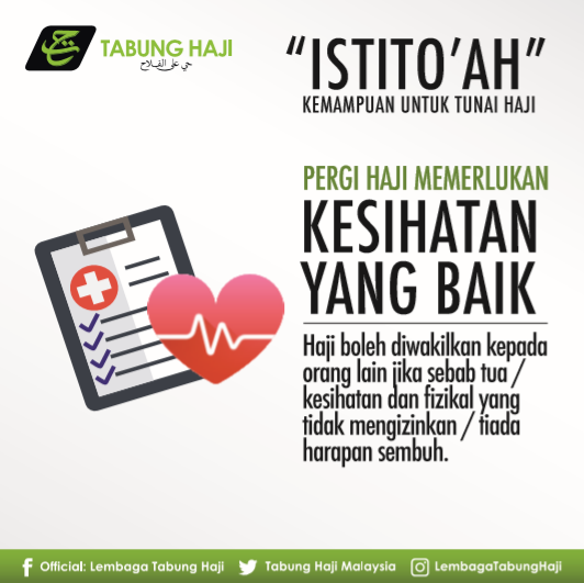 JPenerangan's tweet photo. [Infografik] Istito'ah, Kemampuan Untuk Tunai Haji.
Pergi Haji Memerlukan Kesihatan Yang Baik.
Haji boleh diwakilkan kepada orang lain jika sebab tua / kesihatan dan fizikal yang tidak mengizinkan / tiada harapan sembuh.
@TabungHaji 
 #JabatanPenerangan #SayangiMalaysiaku https://t.co/zRo9nKJoWW