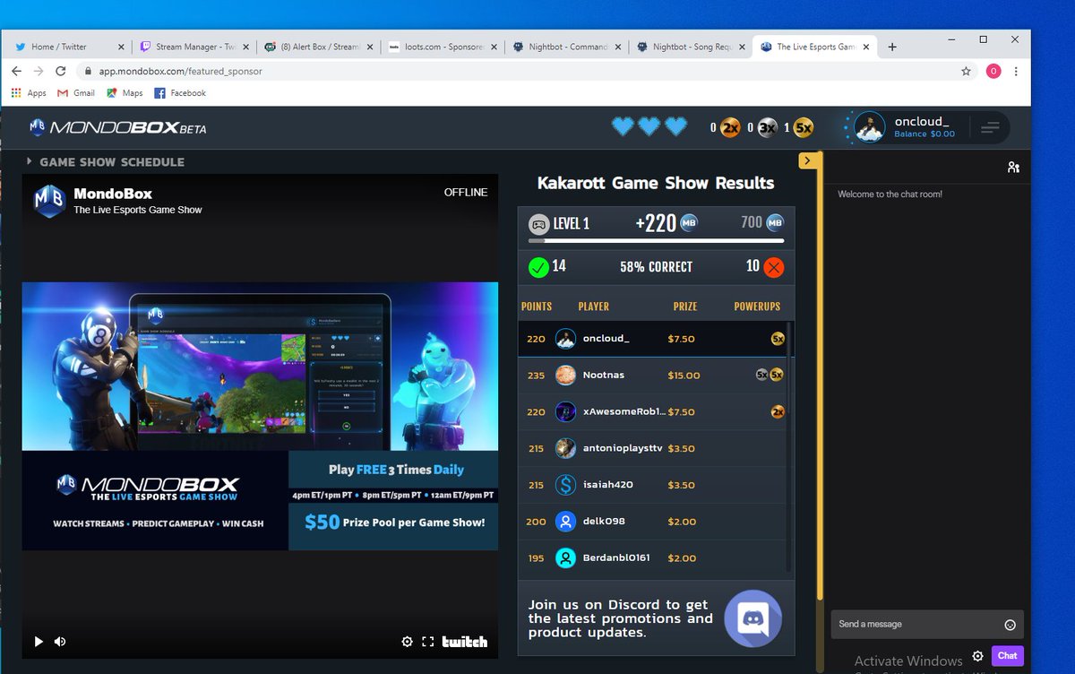 oncloud9chiefin's tweet photo. Actually played mondobox for the first time and won $7.50 pretty cool ! 😁 easy money for watching streams ! @PlayMondoBox https://t.co/nV5ePRSUIG #PlayMondoBox #WatchStreamsWinCash #twitch #gamer https://t.co/8Ha70YLC7a