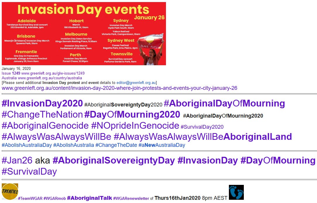 WgarNews's tweet photo. #InvasionDay2020: #JoinProtests on #26Jan aka #AboriginalSovereigntyDay #DayOfMourning2020 #SurvivalDay2020 @greenleftweekly https://t.co/RF260ZFDJu | #TeamWGAR https://t.co/LqZwYyAi8h #ChangeTheNation #NOprideInGenocide #AboriginalSovereigntyDay2020 #AboriginalDayOfMourning2020 https://t.co/u5vYbCMt7u