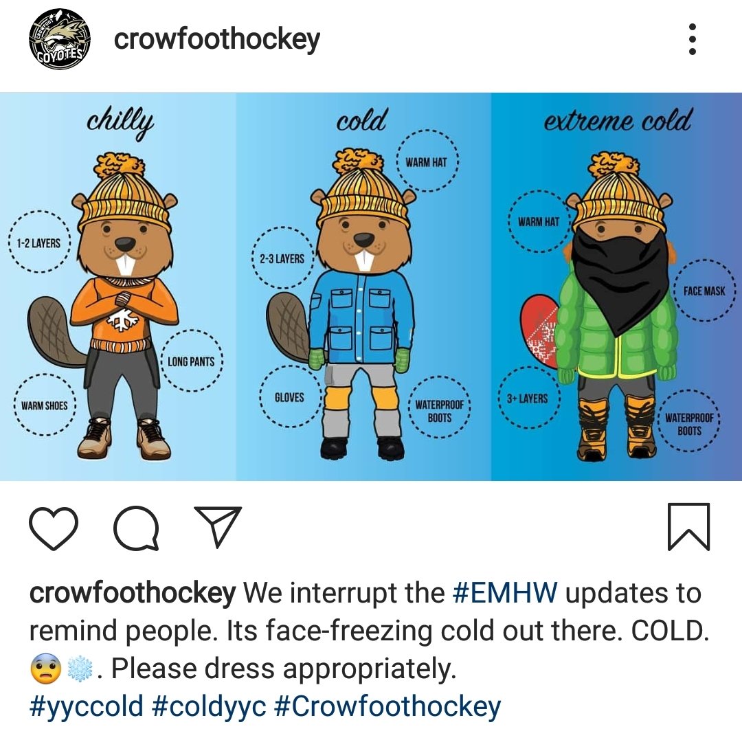 CrowfootHockey's tweet photo. We interrupt the #EMHW updates to remind people. It's face freezing cold outside. COLD. π¨β. Please dress appropriately. #Crowfoothockey #yyccold #coldyyc https://t.co/mY7XqAvHuL