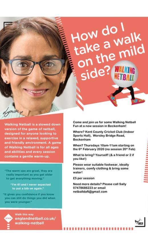 CountyBeckenham's tweet photo. Walking Netball sessions are starting at Kent Cricket in Beckenham in February. A great way to get back into the sport or to try something new and is for ALL ages! #walkingnetball #netballdaft #beckenham @EnglandNetball @Change4Life https://t.co/iyPEJtAoO9
