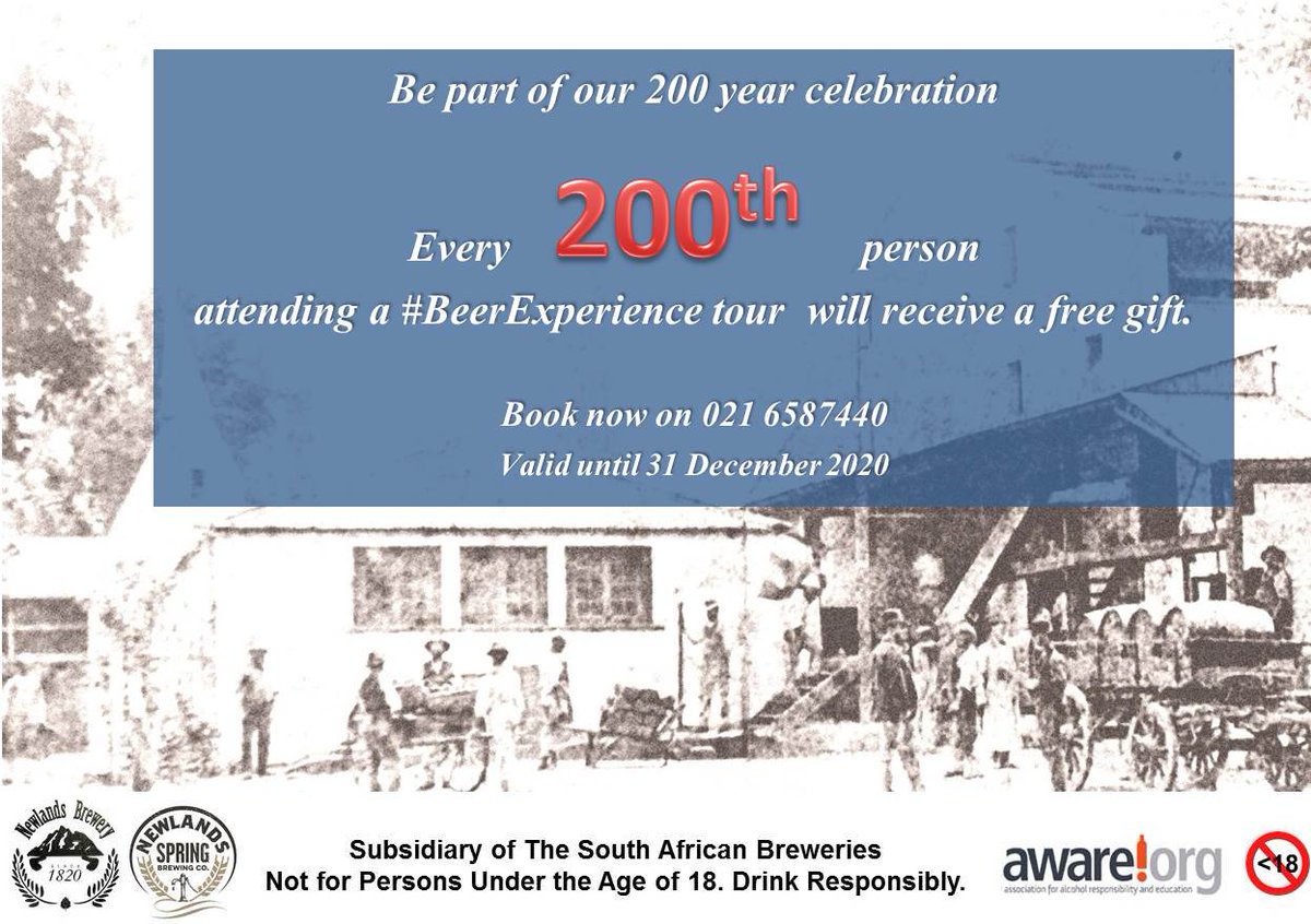 It's our 200th Birthday and we want you to be part of the celebrations! Every 200th person that comes on a #BeerExperience tour will receive a free gift - so book for your tour today, maybe it will be you!

Bookings on 021 6587440 T's &amp; C's Apply.