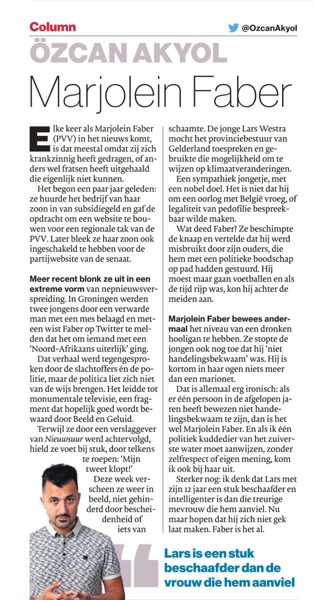 Column: ik heb liever Lars van 12 als senator dan zo'n harteloze onruststoker als Marjolein Faber.