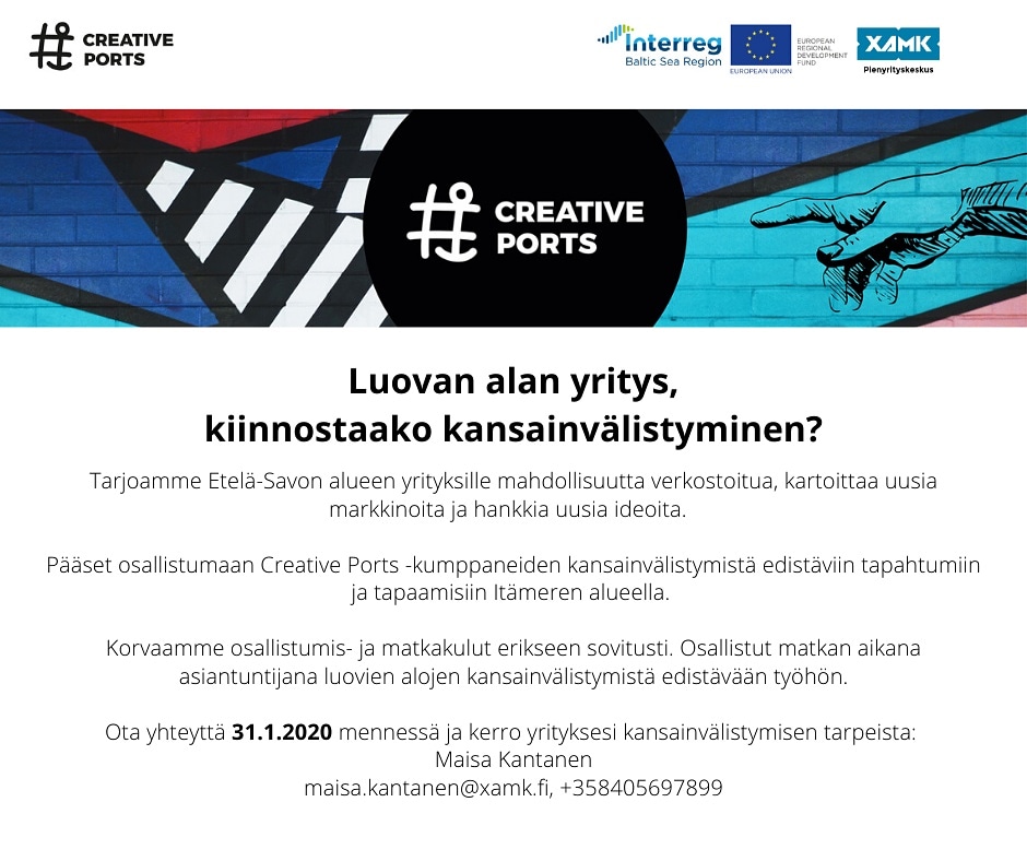 pienyritkeskus's tweet photo. Luovan alan yritys! Vielä ehdit hakea mukaan hankkimaan kansainvälisiä kontakteja ja kartoittamaan uusia markkinoita Itämeren alueella. Kerro meille kansainvälistymisesti tarpeista ja etsimme sinulle sopivan pilotin. #creativeports #kansainvälistyminen #luovatalat #luovaala https://t.co/Js5fzvy6Aj