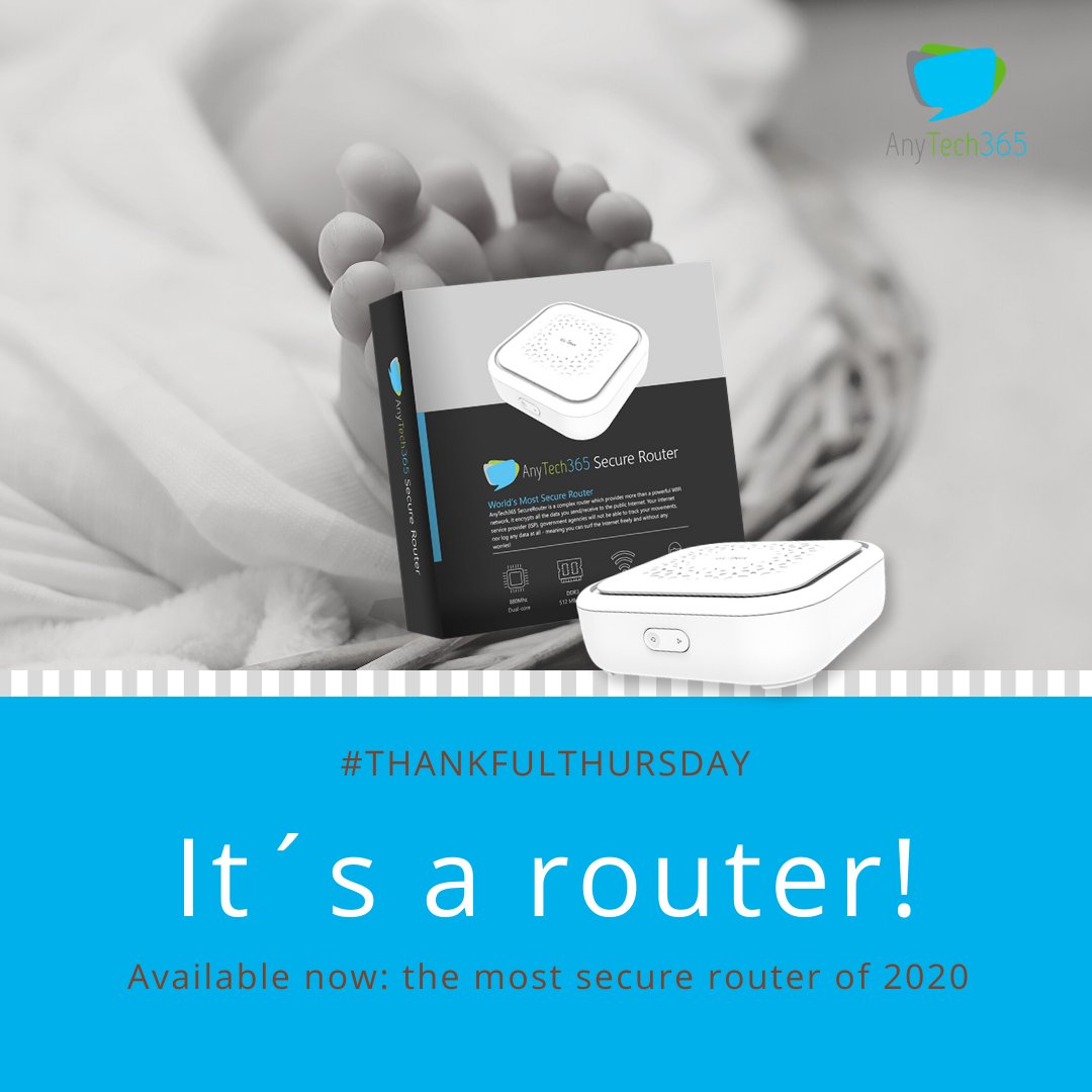 AnyTech365's tweet photo. We are grateful and proud to present the AnyTech365 secure router to you. The most secure router of 2020 has arrived and is now available from AnyTech365
More info: https://t.co/5ANAjFXUw2
#ThankfulThursday #newproduct #securerouter #staysafe #techsupport #iotsolutions https://t.co/w9yvEDaK9a