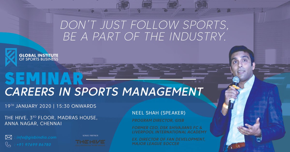 GISB will be conducting a ‘Careers in Sports Management’ seminar in Chennai where Program Director–Neel Shah will talk about the growing sports ecosystem and how you can create a fulfilling career in the sports industry. #Chennai #chennaisuperkings C:9769986780 for details