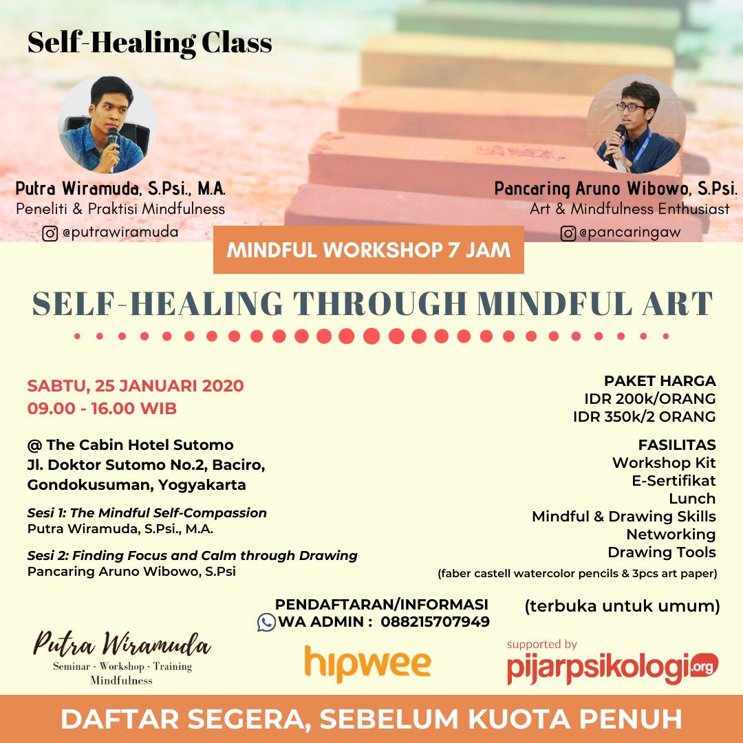 pijarpsikologi's tweet photo. #selfhealing #selfhealingclass #mindfulness
#eventjogja #eventyogyakarta
#UnderstandingHuman
#mentalhealth
#kesehatanmental https://t.co/5zShqBZ8fJ