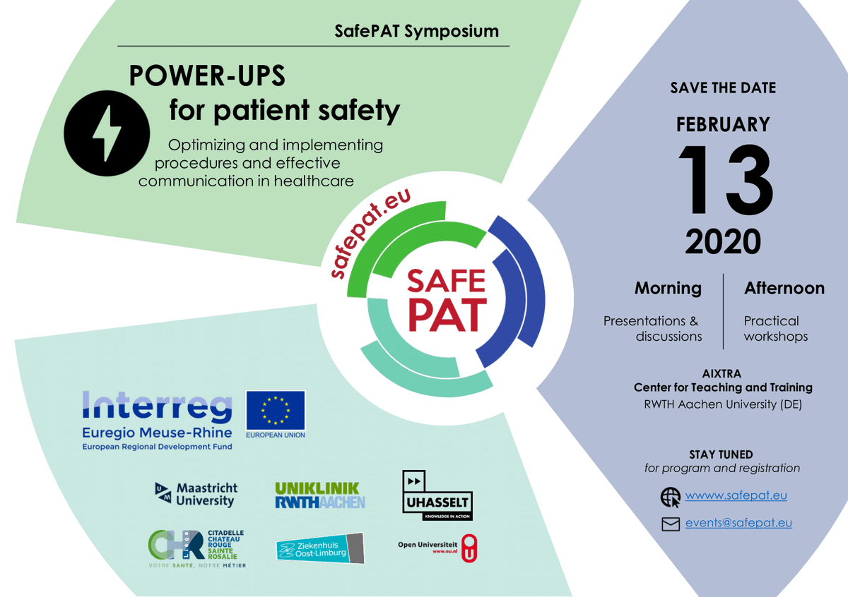 Aixtra1's tweet photo. The SafePAT project is organizing a symposium on 13.02.2020 at #AIXTRA. 
Exciting speakers have been invited and various interactive workshops are offered. 
For futher information:https://t.co/UrKqAB4nYg 
for registration: https://t.co/ZUXzhOjIe9 https://t.co/vmHIccLW30
