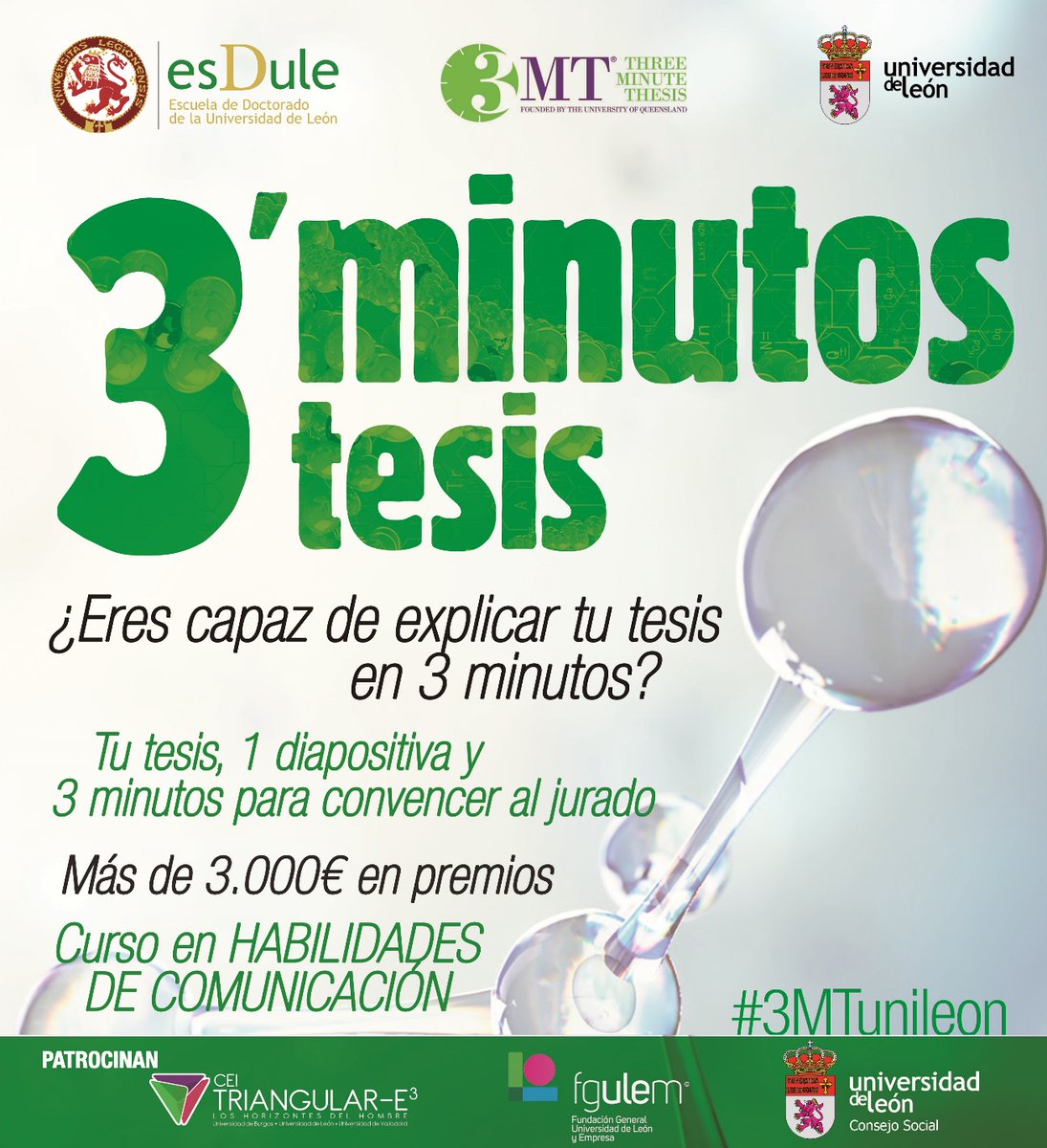 📣 Hoy ha tenido lugar el acto de presentación del Concurso Three Minute Thesis <a href="/CEI_E3/">CEI TRIANGULAR E3</a> 

Los doctorandos 👩‍🏫👨‍🎓 tendrán 3 min para presentar su tema de investigación, sus objetivos y sus hipótesis

📋Inscripción hasta el 7 de febrero.

#concursos #3MT #unileon #leonesp