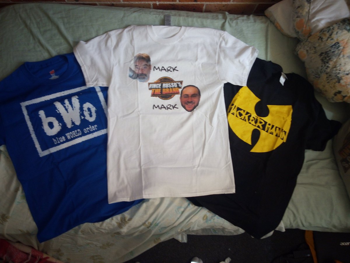 scottysmithmate's tweet photo. Look what arrived at my house today !!!
My @PWTees order I got the @Bin_Hamin #HackerHamin tee, the @JeffLane22 and @THEVinceRusso #MarkAndMark tee and lastly got the #bWo tee @BlueMeanieBWO @bWoStevie #HollyWoodNova . @HaminMediaGroup @Real_ECW_ #RussoBrand @RELMNetwork https://t.co/g1uuyGyFqu