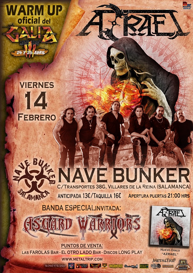 El 14 de febrero, tenemos en #Salamanca Fiesta de presentación del #GaliaMetalFest 2020 en @NaveBunker con los @Azrael_Oficial como protagonistas. #AsgardWarriors serán la banda invitada. #gmf20 #pozaldegallinas @MPRPromotions_