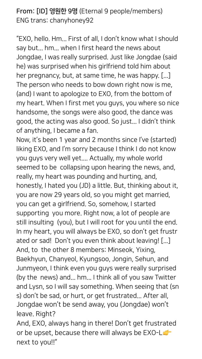 chanyhoney92's tweet photo. This was a message I found a while ago on LYSN from a k-exol apologizing to EXO and Jongdae for her reaction regarding the recent news. 

and I decided to translate it because I think some people might identify to it! (trans → 2nd pic)

#종대야_여기_있을게 @weareoneEXO https://t.co/JjQQj1k7mE