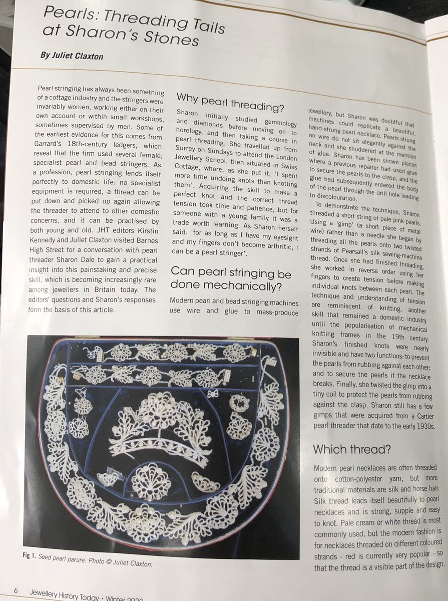 Interesting article about me in the jewellery history today magazine @Sharons_Stones #pearlthreading #jewelleryhistory #sw13