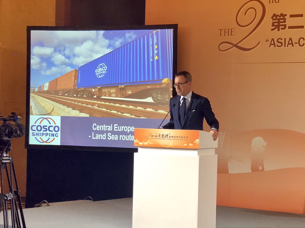 ecossutta's tweet photo. I had the honor to be invited and present the results of our Land Sea Express service from Piraeus and Rijeka at the 2nd Asia - Chengdu - Europe Global Partners Conference. New opportunities for us on the New Silk Road! #beltandroad #china #serbia #coscoshipping #dragonmaritime https://t.co/GrNdd9RZJk
