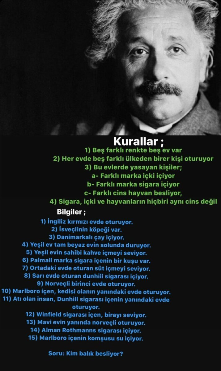 Einstein'ın çocukken hazırladığı ve "Bu soruyu insanların yalnızca %2 si çözebilecek." dediği EINSTEIN BILMECESI👇👇
